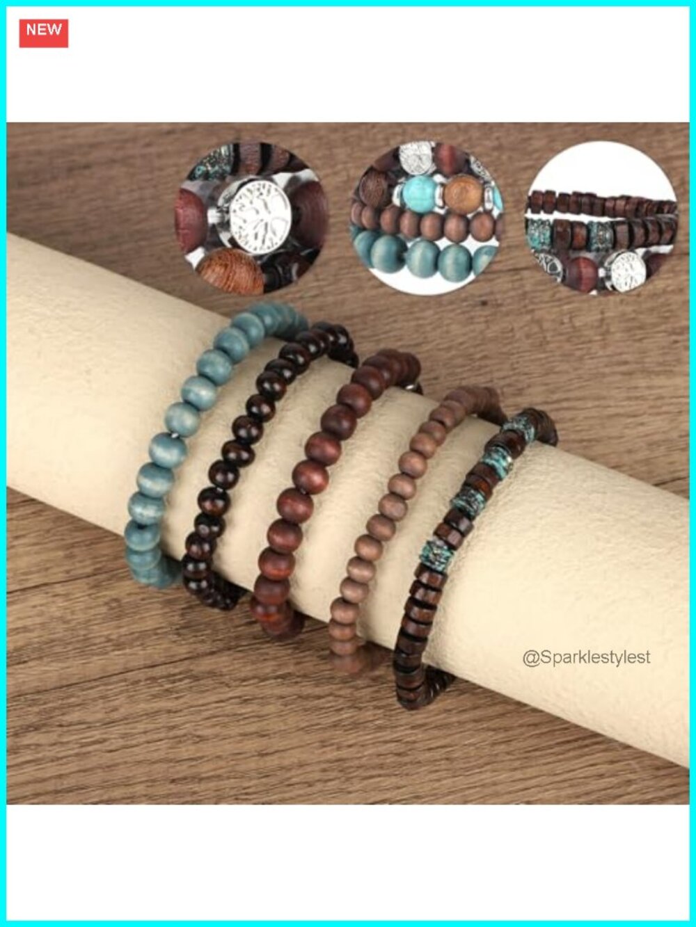 Wood Bead Stretch Bracelets Set Boho Tree Design Stackable - Picture 3 of 6